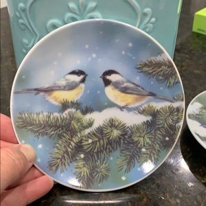 Set of two winter bird theme saucers